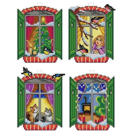 UPC: 5902067323342 | Counted cross stitch kit with plastic canvas Winter windows set of 4 designs 7674