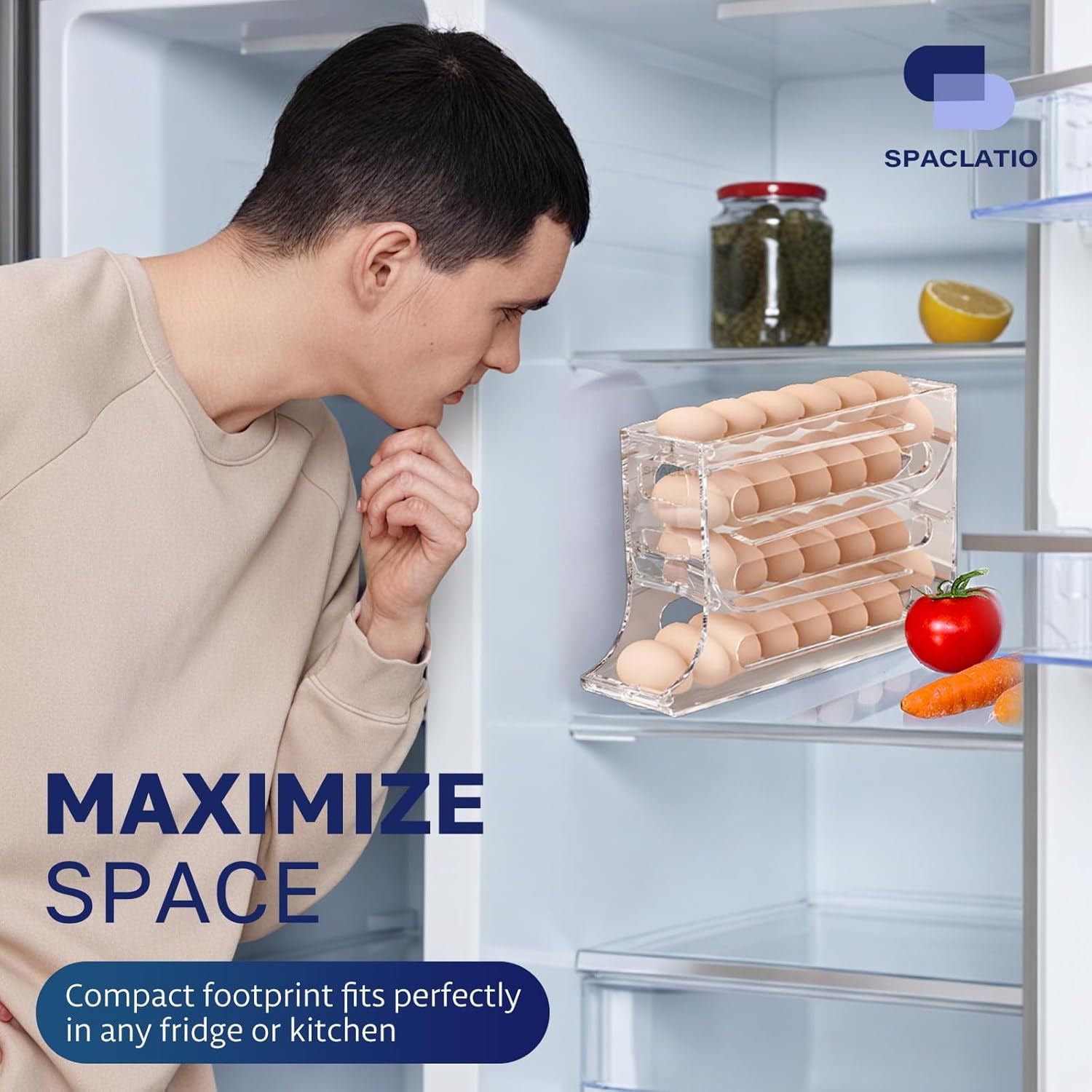 CAILDANL 4 Tiers Egg Holder for Fridge with 30 Egg Capacity - 2 Pack Auto Rolling Egg Storage Organizer for Refrigerator, Space Saving Egg Tray in Kitchen (Clear)