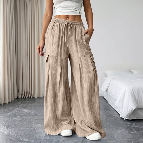 Usloyux Women's Wide Leg Drawstring Flowy Palazzo Pants with Pockets Elastic Trousers Casual Boho Beach Vacation Bottoms, Khaki XL