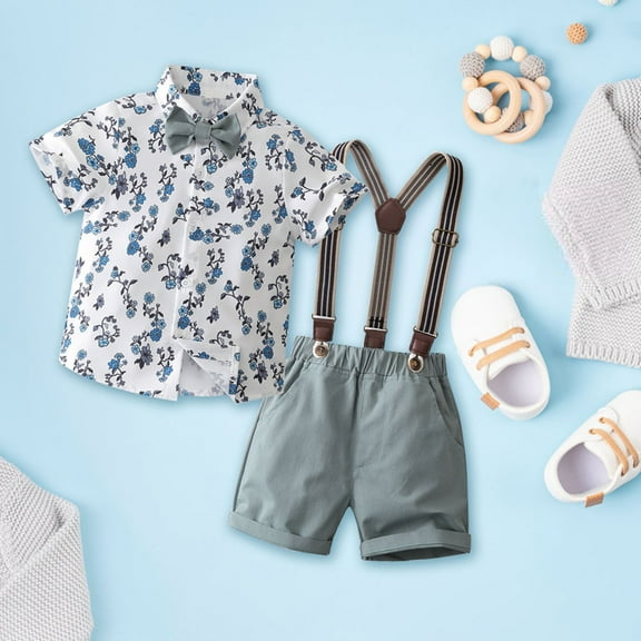 XUELUO Toddler Boys Casual Outfit Sets Boys Summer Short Sleeved Suit Summer Children'S Blue And White Shirt Strap Shorts Clothing Outwear