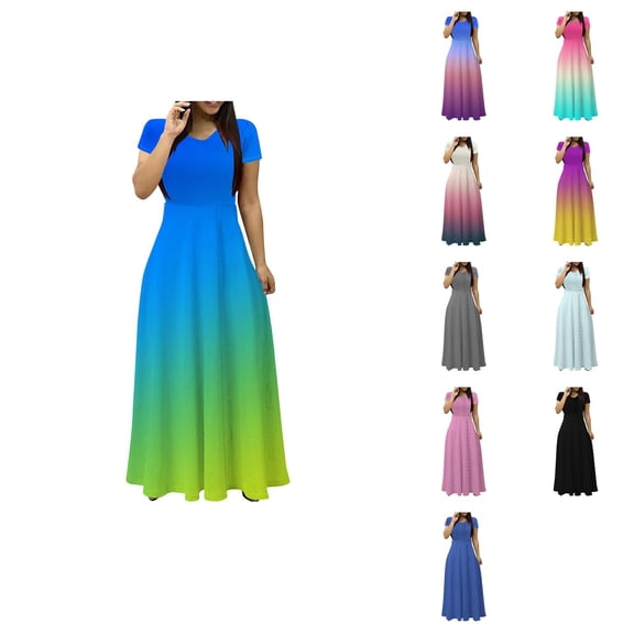 Ahuyic Womens Casual Dress,Womens Plus Size Dress,Womens Summer Solid Color Short Sleeved-neck Waistband Womens Long Dress,Black,XXL