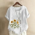 thumbnail image 2 of Lovskoo Oversize Cotton Linen Tops for Women Floral Butterfly Print Summer Blouses Casual Round Neck Short Sleeve Loose Shirt White, 2 of 5