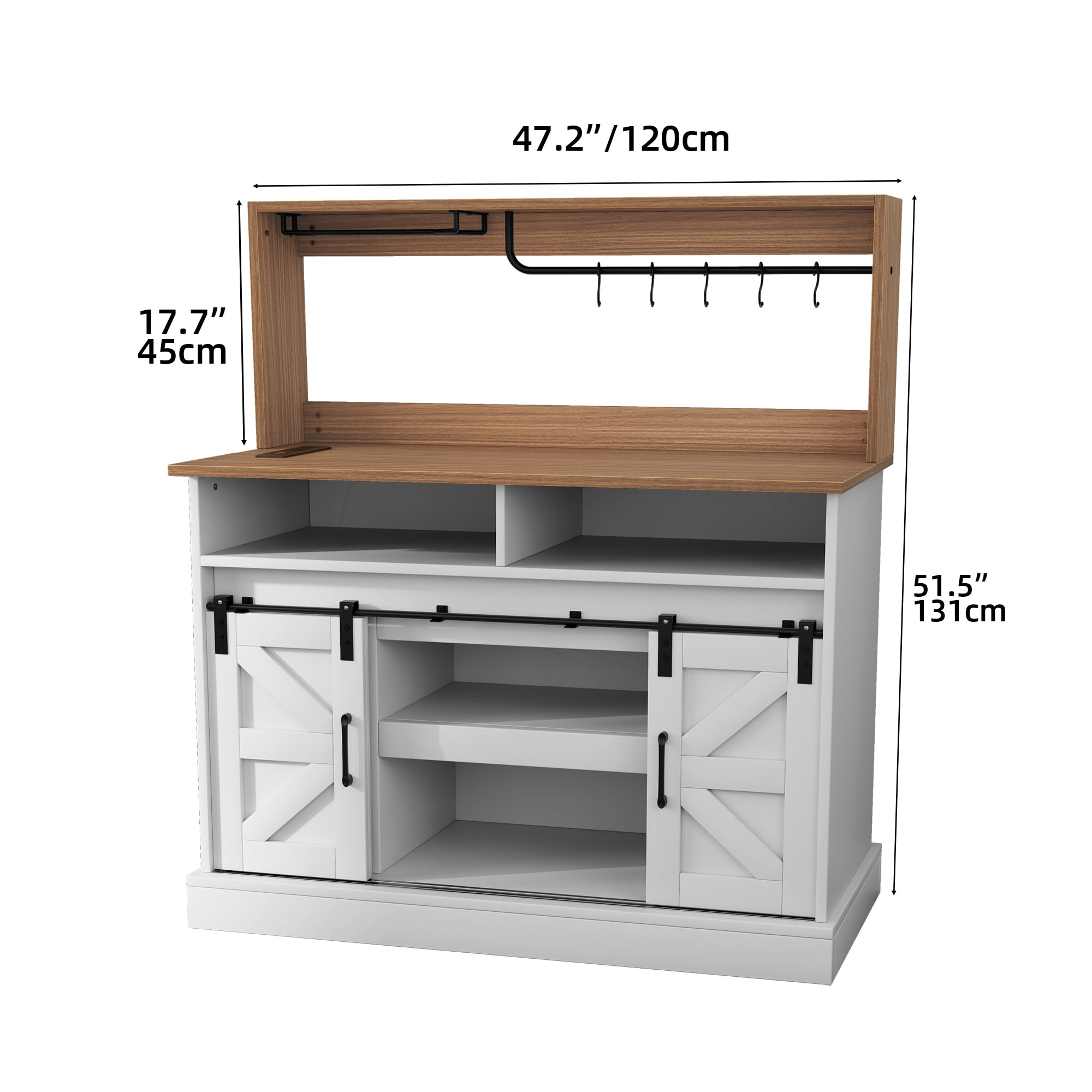Uforic 47" Farmhouse Coffee Bar Cabinet with Power Outlets, Sliding Barn Door Sideboard, Modern White