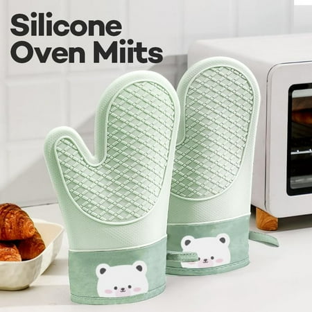 

2PCS Silicone Oven Mitts Cotton Lined Kitchen Mittens Waterproof Non Slip Oven Gloves for Baking and Cooking Green