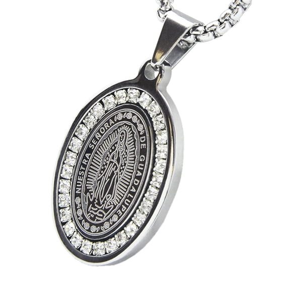Stainless Steel Silver Plated Iced CZ Virgin Mary Guadalupe Pendant, 24" Box Chain SCP152S