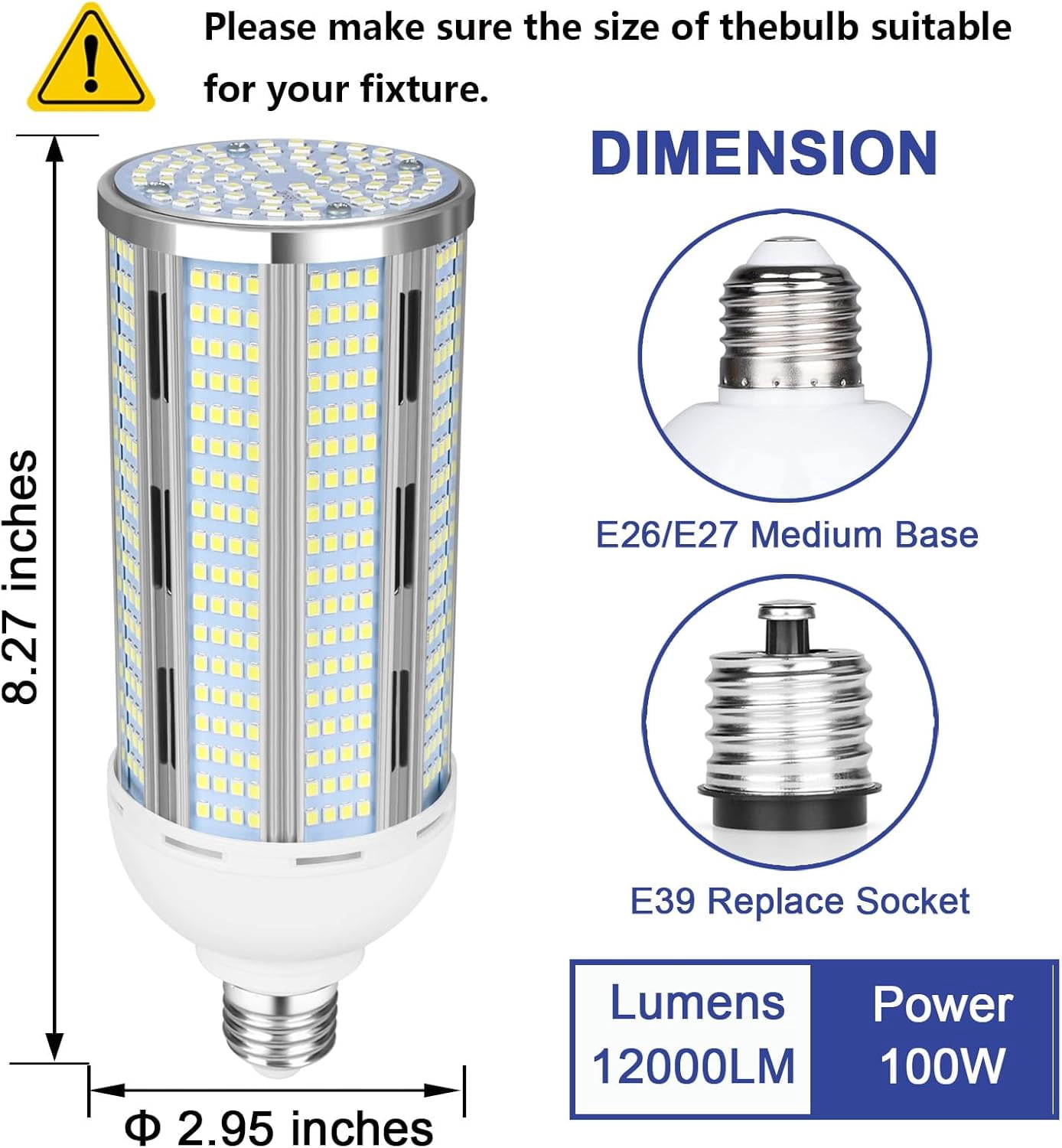 4Pack 100W LED Corn Bulbs,12000 Lumen,6000K Daylight White,E26/E39 Base LED Corn Light Bulb,AC85-265V,LED Replacement Metal Halide HID CFL for Commercial Industrial Lighting Warehouse Garage Workshop