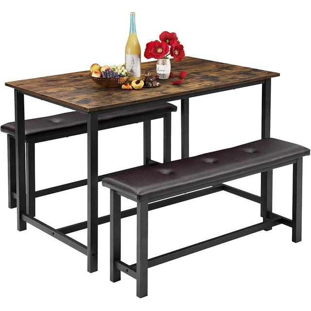 Table à Manger Rectangulaire 3 Pcs pour 4 avec Banquettes Rembourrées, Ensemble de Table à Manger avec Banc Gain de Place pour Cuisine à la Maison (Brun Rustique)