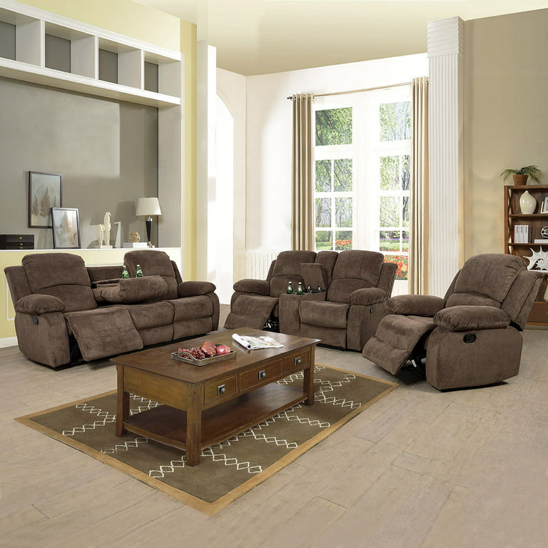 Pon Living 3 Piece Flannelette Manual Reclining Room Family Sofa Set Leather Brown Com