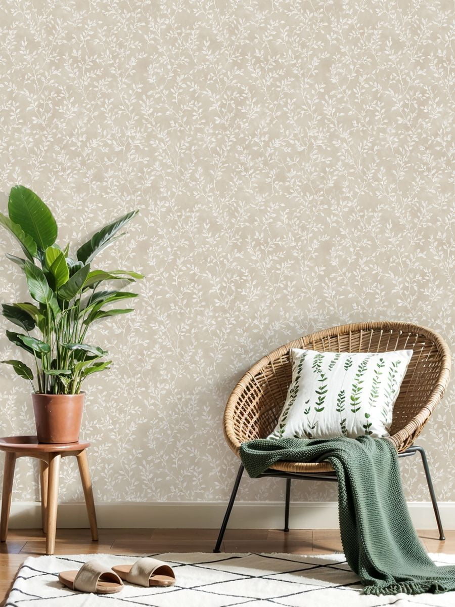 Peel and Stick Wallpaper Elegant Beige Floral Vine Delicate White Leaves Wall Mural 23.6in x 9.8ft Self Adhesive Removable Wall Paper Renter Friendly Wallpaper for Nursery Bedroom Cabinets
