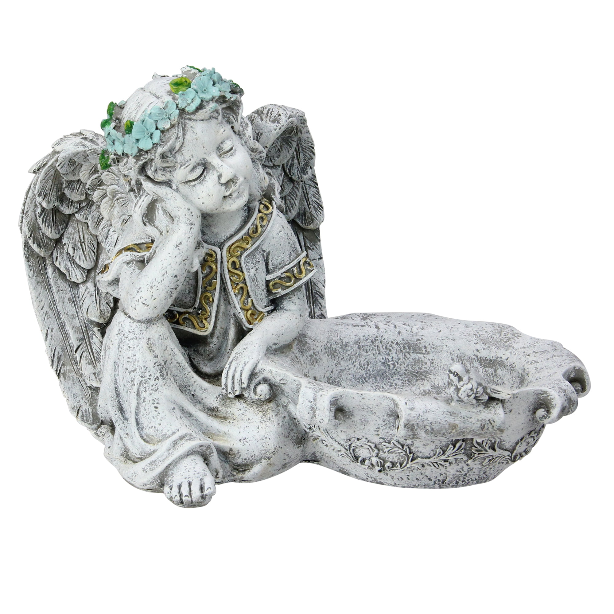 10" Gray Resting Angel Bird Feeder Outdoor Patio Garden Statue