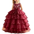 thumbnail image 2 of Girls Princess Dresses Floor Length Embroidery Flower Trendy Bow Detail Sleeveless Ruched Layered Tulle Gown for Flower Girl Wedding Party Birthday Wine 7-8Years, 2 of 7