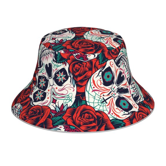 Reflective Bucket Hat Sun Hats Outdoor Travel Beach Packable Cap , Red Rose Skull Skulls Head