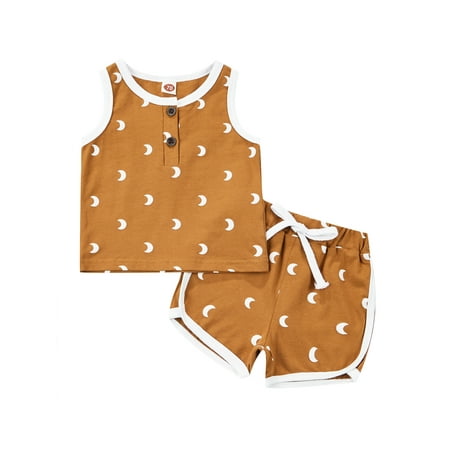 

Canrulo Newborn Moon Print Baby Girls Boys Outfits Clothes Sleeveless Tank Tops + Drawstring Shorts Set Brown 6-12 Months
