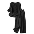 thumbnail image 3 of 3/4 Sleeve Embroidered Linen Set for Women, V-Neck Cotton Blend Top & Wide Leg Cropped Pants 2 Piece Outfit - Boho Summer Vacation Lounge Co-ord Set Black L, 3 of 9