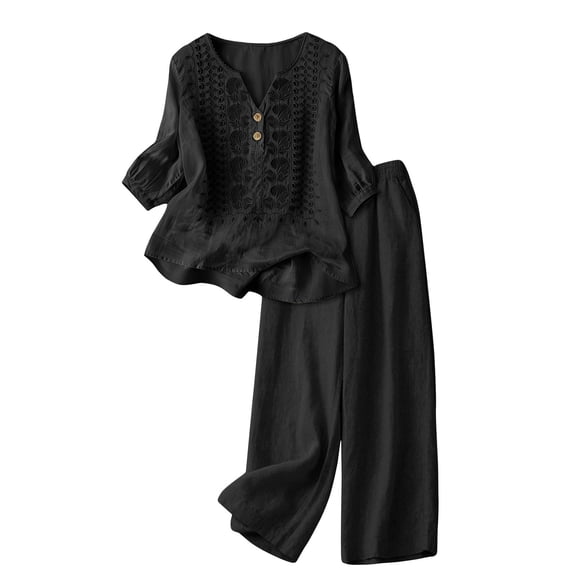 CIENVNSTG Linen Sets For Women 2 Piece Casual Vneck Embroidered 3/4 Sleeve Tops Wide Leg Linen Pants Set Mature Women Clothing Black L