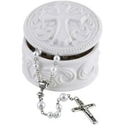 White Porcelain Cross Rosary Jewelry Box, First Communion Keepsake Gifts, 2 3/4 Inch