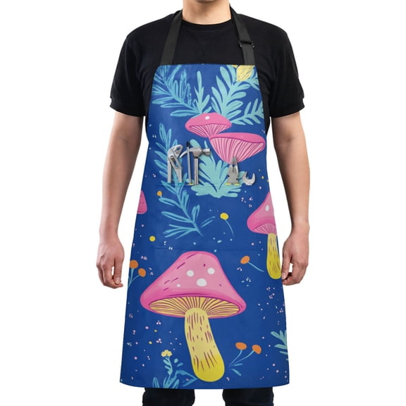 Pink Mushrooms on Dark Blue Chef Kitchen Apron with Pockets for Women Waterproof Aprons for Cooking Baking