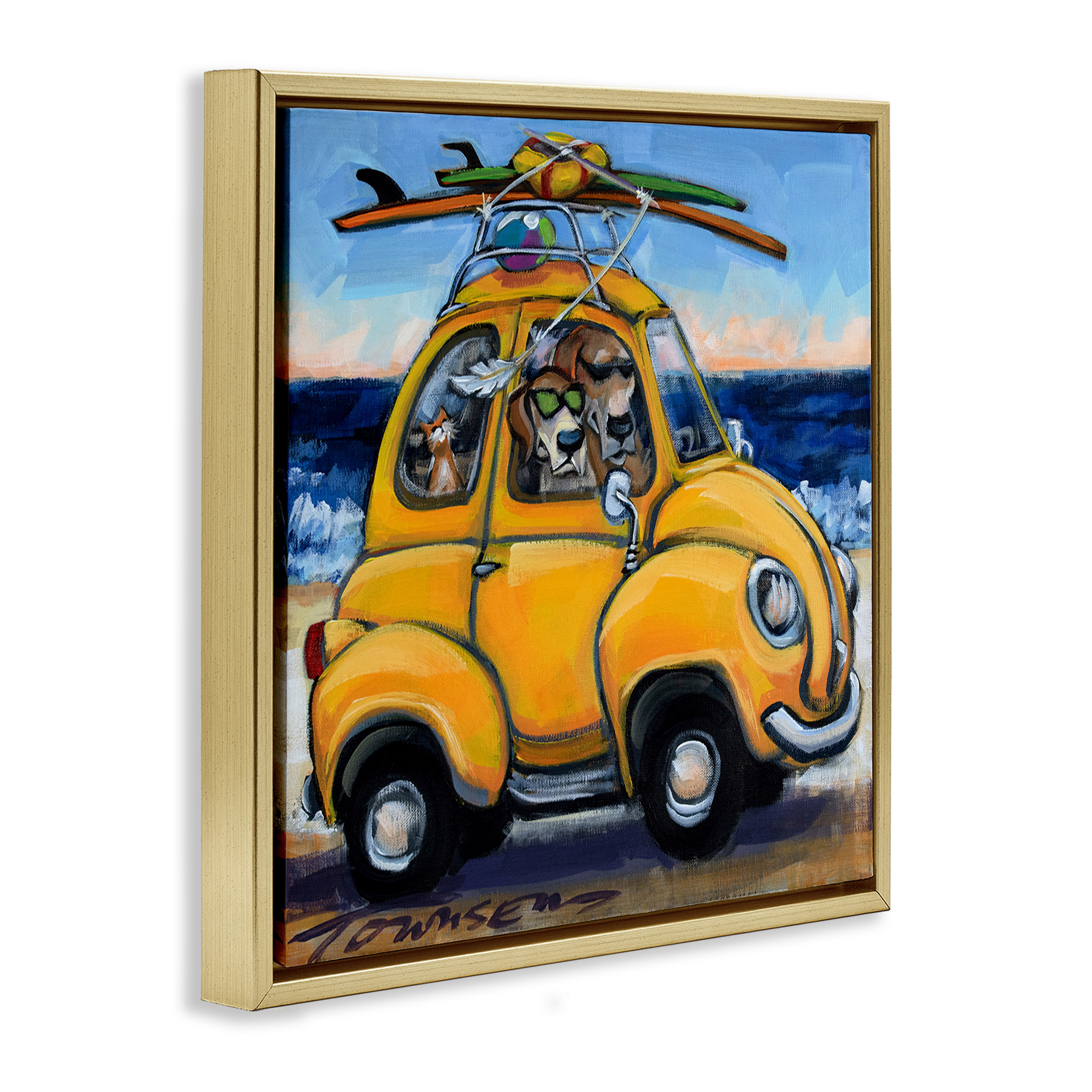 Stupell Industries Groovy Pet Beach Buggy Animals & Insects Painting Gold Floater Framed Canvas Art Print Wall Art, 18 x 18