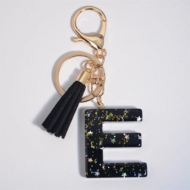 Llavero con inicial de A-Z negra para hombre y mujer, llaveros con relleno de lentejuelas y Estrella, colgante con borlas negras, llavero de coche, regalo para hombre y mujer