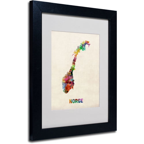 Trademark Fine Art "Norway Watercolor Map" by Michael Tompsett, Black Frame