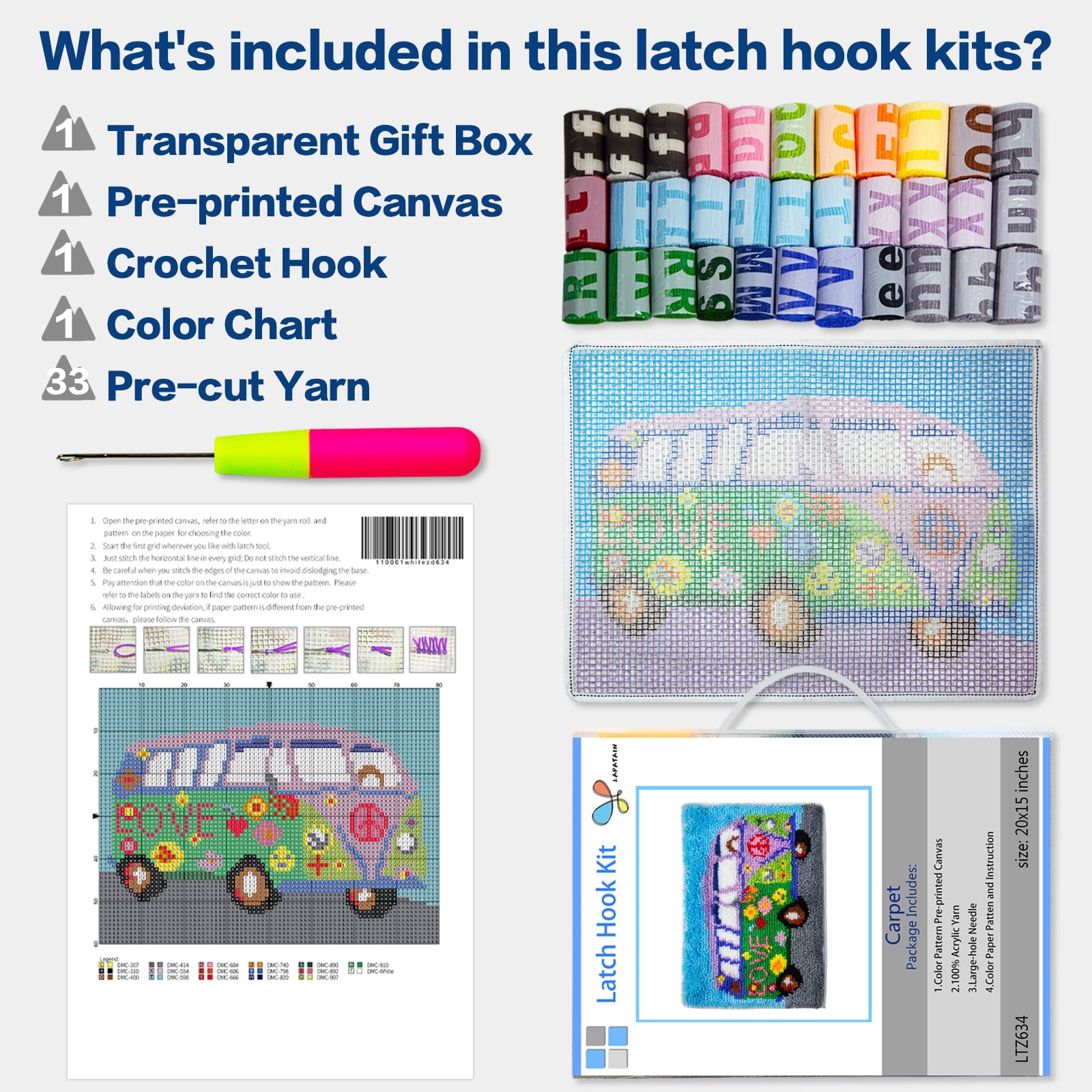 Latch Hook Kits for Adults Kids,Bus Pattern Color Printed Canvas DIY Rug Kits Carpet Embroidery Sofa Cushion,Beginners Handmade Needlework Crafts Home Decoration 20.5x15inch