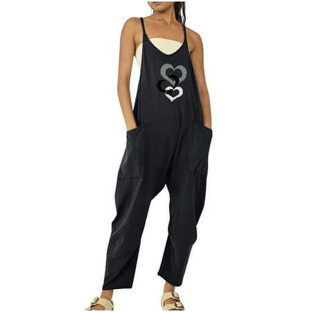 

YanHoo Women s Casual Jumpsuit Rompers Spaghetti Strap Sleeveless V Neck Playsuit Wide Leg Long Pant Baggy Overalls with Pockets
