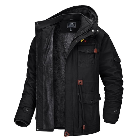TACVASEN Men's Winter Coat Military Jacket Fleece Lined Parka Cotton Cargo Outerwear Black M
