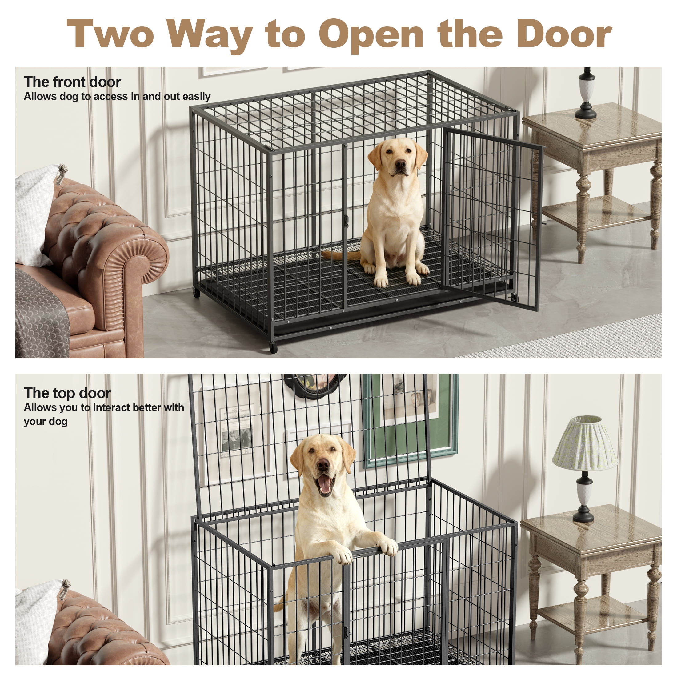 TIME RAY 48 inch Heavy Duty Metal Dog Crate for Large Dogs with RemovableTray, Double Door, Extra Large Dog Kennel for Yard Indoor Outdoor