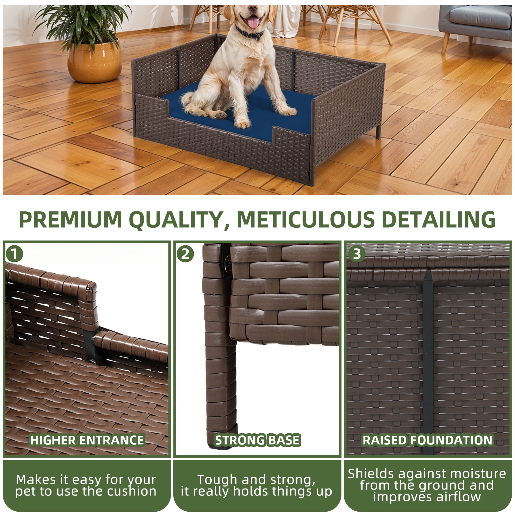 Uforic Rattan Dog Sofa Bed with Blue Cushion,Wicker Pet Bed Sofa Indoor Outdoor,All-weather Protection, Brown&Blue,24.8"L x 19.7"W x 9.8"H