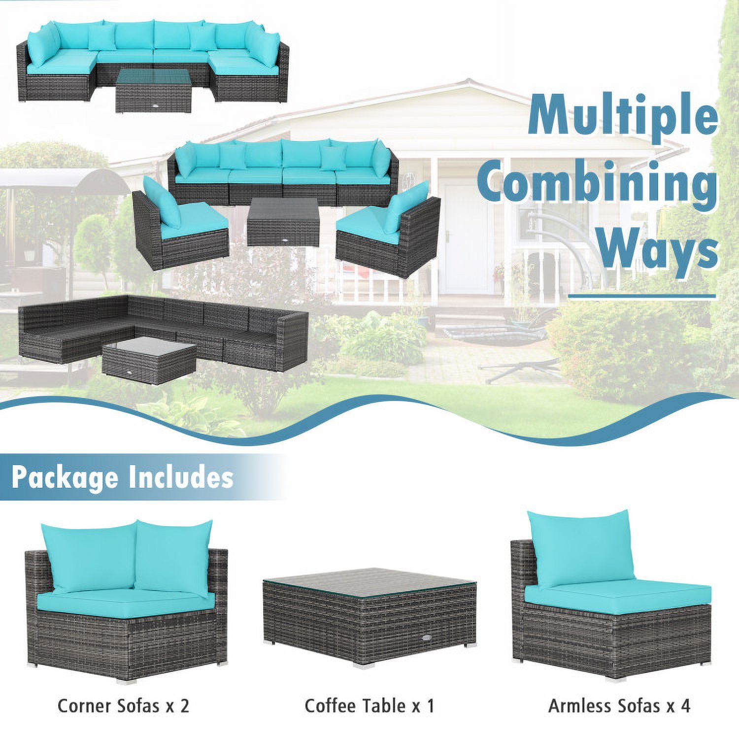 Aimee Lii 7 Pieces Patio Rattan Furniture Set Sectional Sofa Garden Cushion, Outdoor Patio Set, Turquoise Aimee Lii 7 Pieces Patio Rattan Furniture Set Sectional Sofa Garden Cushion, Outdoor Patio Set, Turquoise