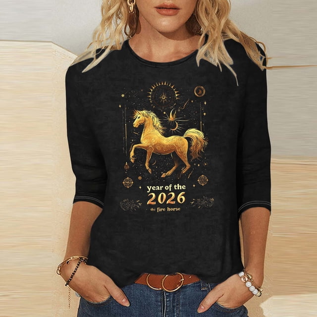 TaTaai Ladies 2026 New Year Graphic Print 3/4 Sleeve Blouse Round Neck Casual Top Holiday Celebration Festive Party Attire Gift