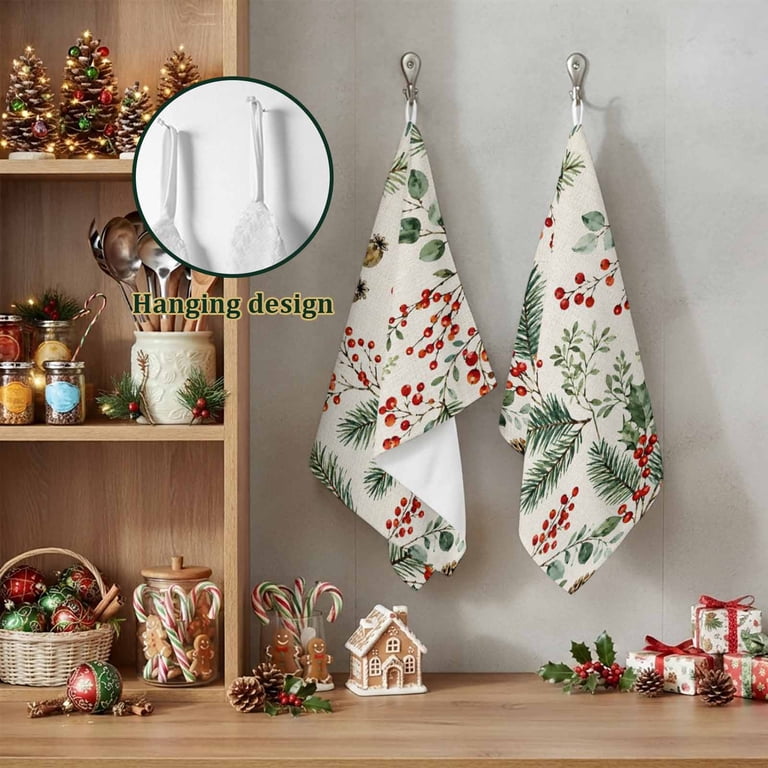 2 Pack Christmas Leaf Kitchen Towels Winter Pine Branch Berry Cone ...