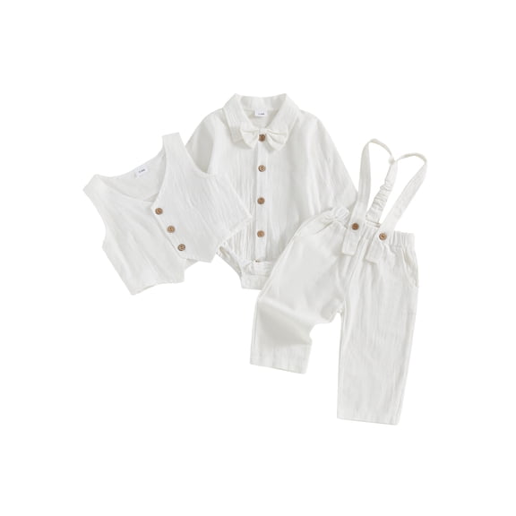 BemeyourBBs Newborn Baby Boy Gentleman Outfit 3Pcs Baby Boys Spring Fall Clothes Long Sleeve Lapel Button Down Bowtie Romper Waistcoat Suspender Pants Sets Baby Boy Baptism Day Wedding Church Outfit