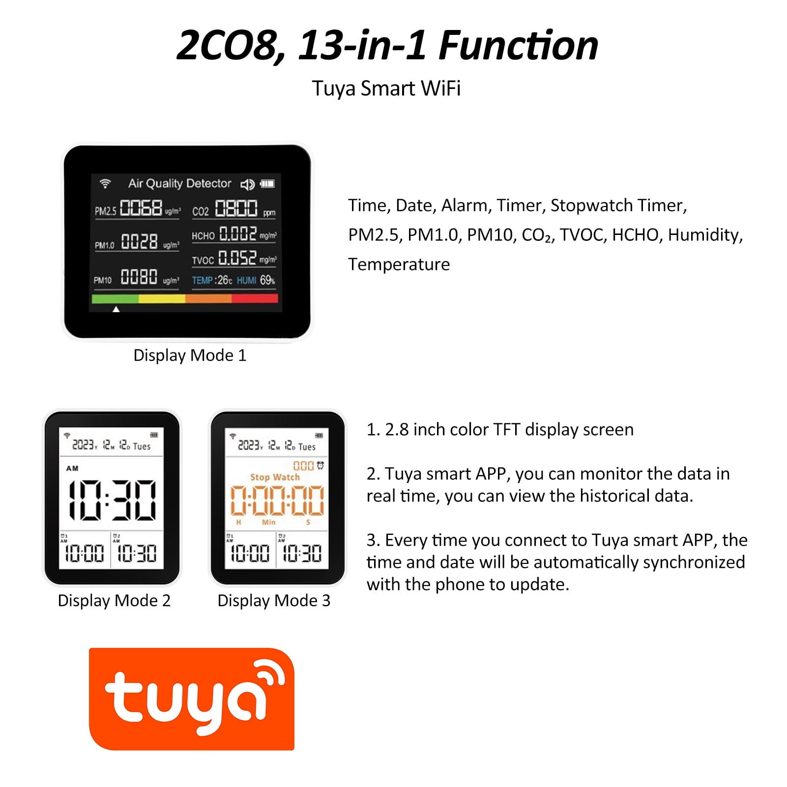 RAPOBRIX WiFi Air Quality Meter, 13 in 1 Indoor Air Quality Monitor - CO₂ TVOC HCHO PM2.5 PM1.0 PM10 Humidity and Temperature Time Date Alarm Timer and Stopwatch Alarm Timer for Home Offices School