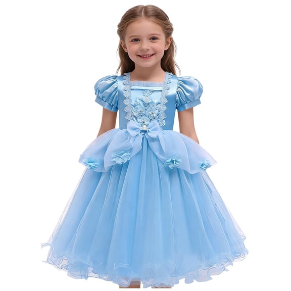 LEWKW Little Girl's Princess Dress Puff Sleeve Butterfly Applique Tulle Gown for Spring Birthday Party and Dress Up
