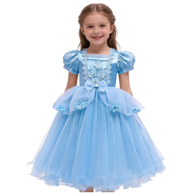 Vestido de verano para niña, sin mangas, con volantes, encaje, mangas con lazo, bordado de malla, falda de princesa con lazo, poliéster