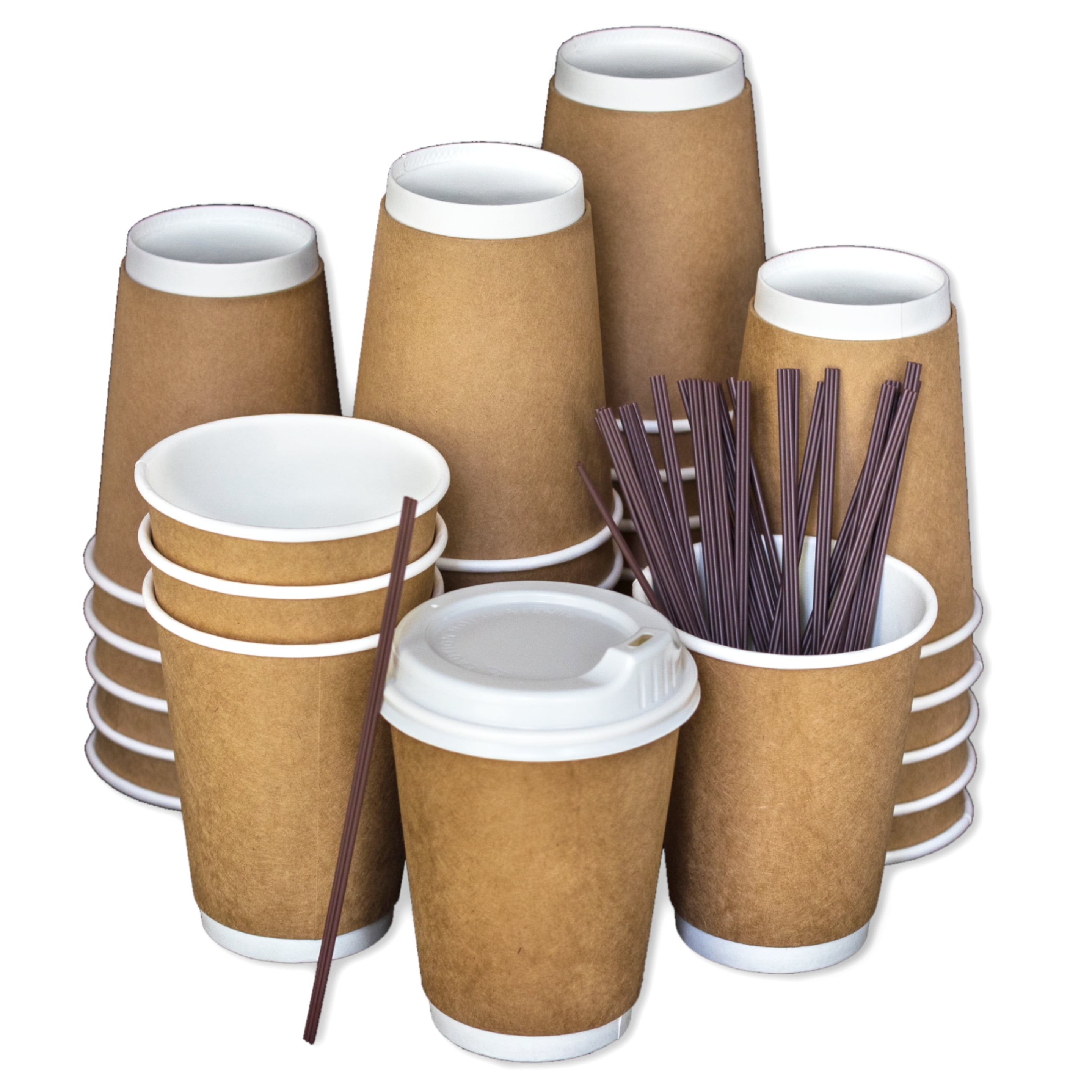 Disposable Coffee Cups To Go with Lids, Stirrers, and Integrated