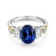 thumbnail image 2 of Gem Stone King 925 Silver and 10K Yellow Gold 3-Stone Ring Oval Blue Created Sapphire and Moissanite (2.80 Cttw, Size 8), 2 of 3