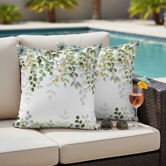 Green Eucalyptus Leaves Outdoor Pillow Covers 24x24 Inch Throw Pillow Covers Set of 2 Waterproof Decorative Pillow Cases Summer Botanical Weeping Cushion Covers for Patio Furniture Garden Couch Sofa