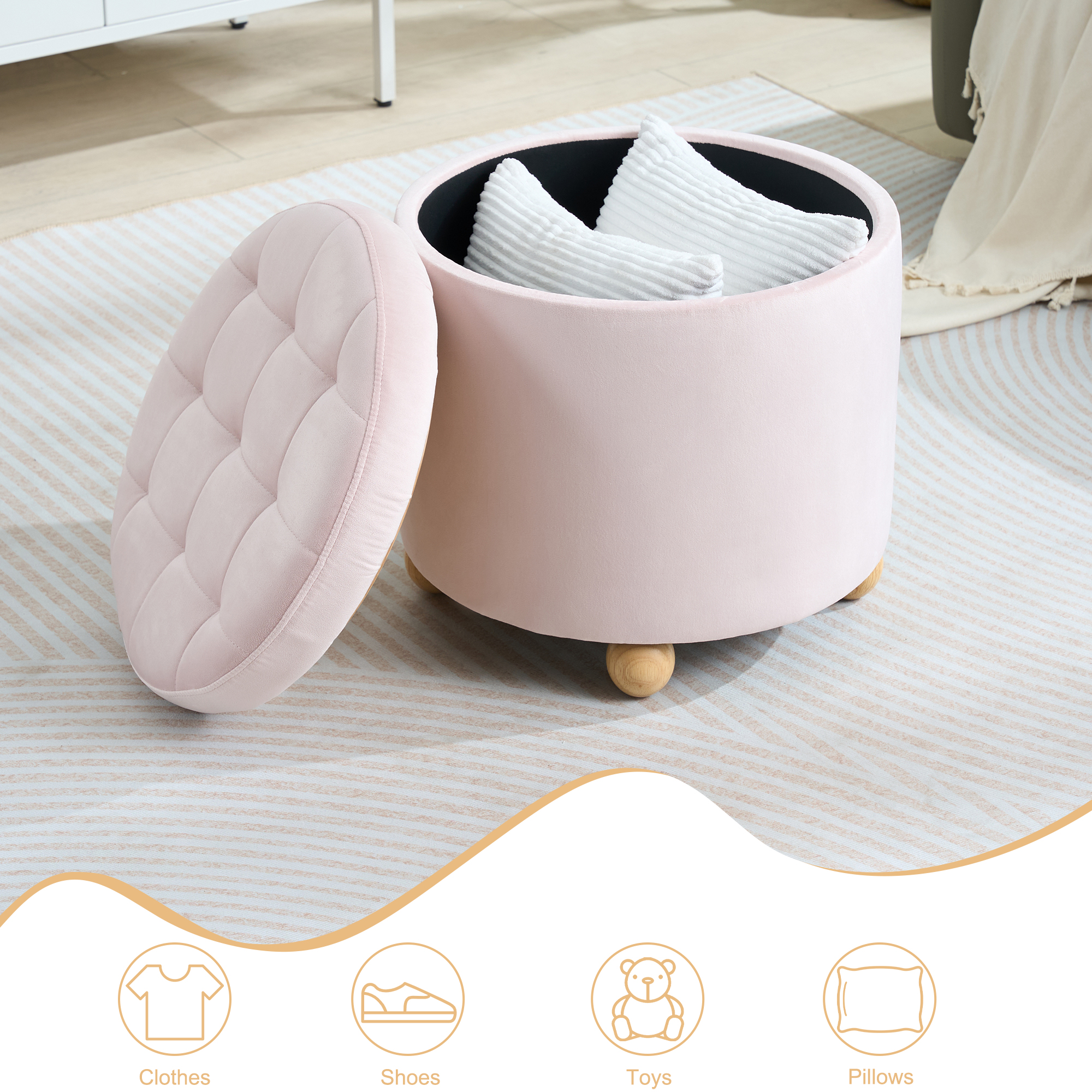 Round Velvet Storage Ottoman with Reversible Tray Lid, Tufted Upholstered Footrest Stool with Wooden Legs