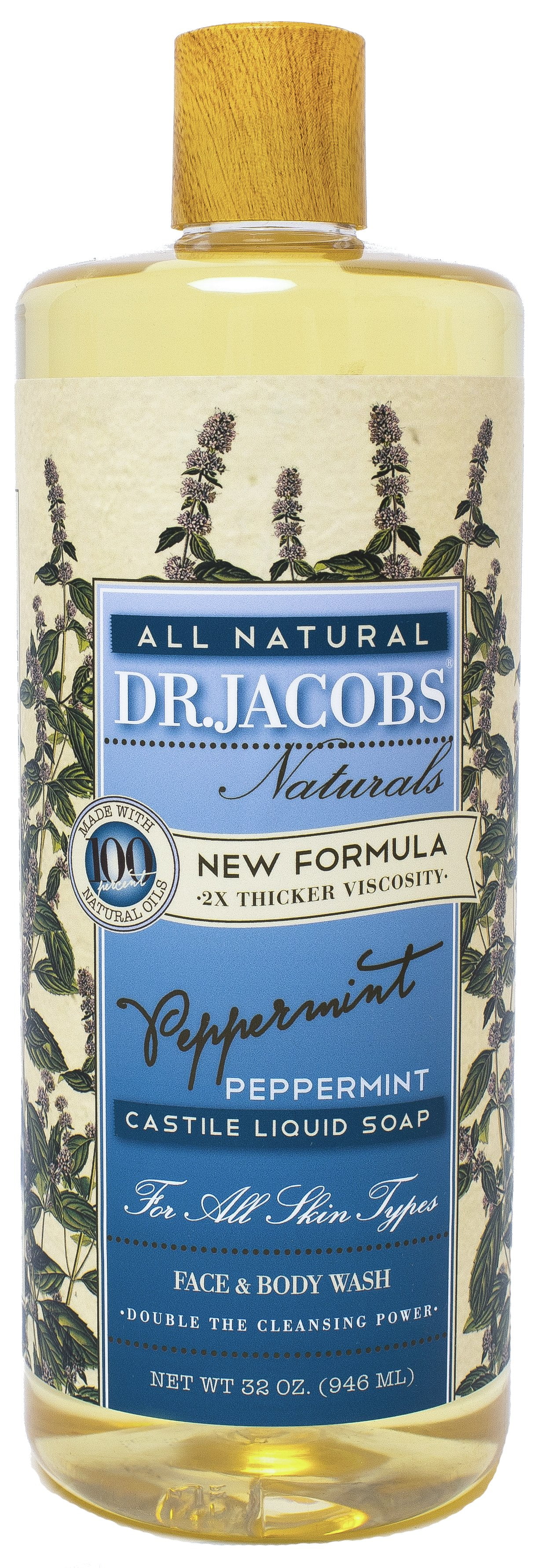 Dr Jacobs Naturals 32 Oz. Pure Castile Liquid Soap (Peppermint) - Vegan, No Palm Oil, GMO Free - Multi-Purpose for Face, Hair, Laundry and Dishes - Hypoallergenic and Dermatologist Approved