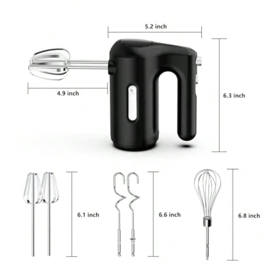 5-Speed Hand Mixer Electric 300W Compact Handheld Mixer Portable Kitchen Egg Beater with 5 Attachments and Storage Bag Cake Supplies for Bread Dough Baking Lightweight Black