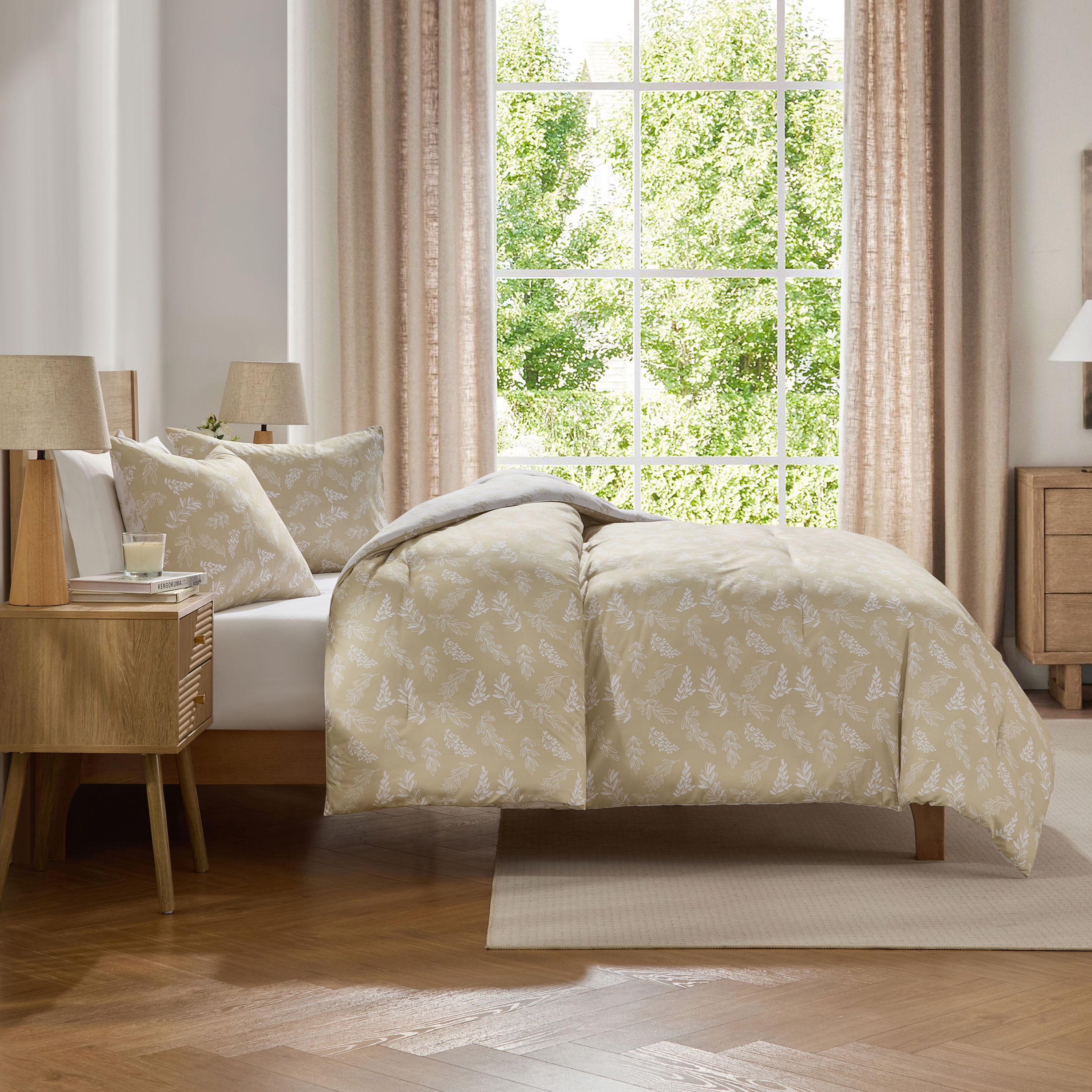 LammaLoe Full Size Comforter Sets, 3 Piece Botanical Bed in a Bag, Reversible Bedding Comforter Set with Sheets, Modern Bed Set, Oatmeal/Offwhite