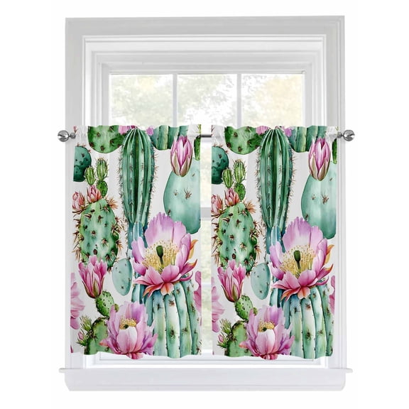 Tier Curtains 45 Inches Long, Pink Succulent Window Treatment Curtain Drapes, Green Cactus Watercolor Pastoral Small Curtain Drapes for Bathroom Laundry Room, 27.5"x45", 2 Panels