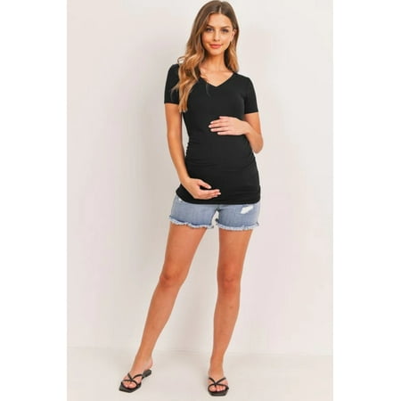 

Hello Miz Short Sleeve V-Neck Maternity Tee with Ruched Side Black