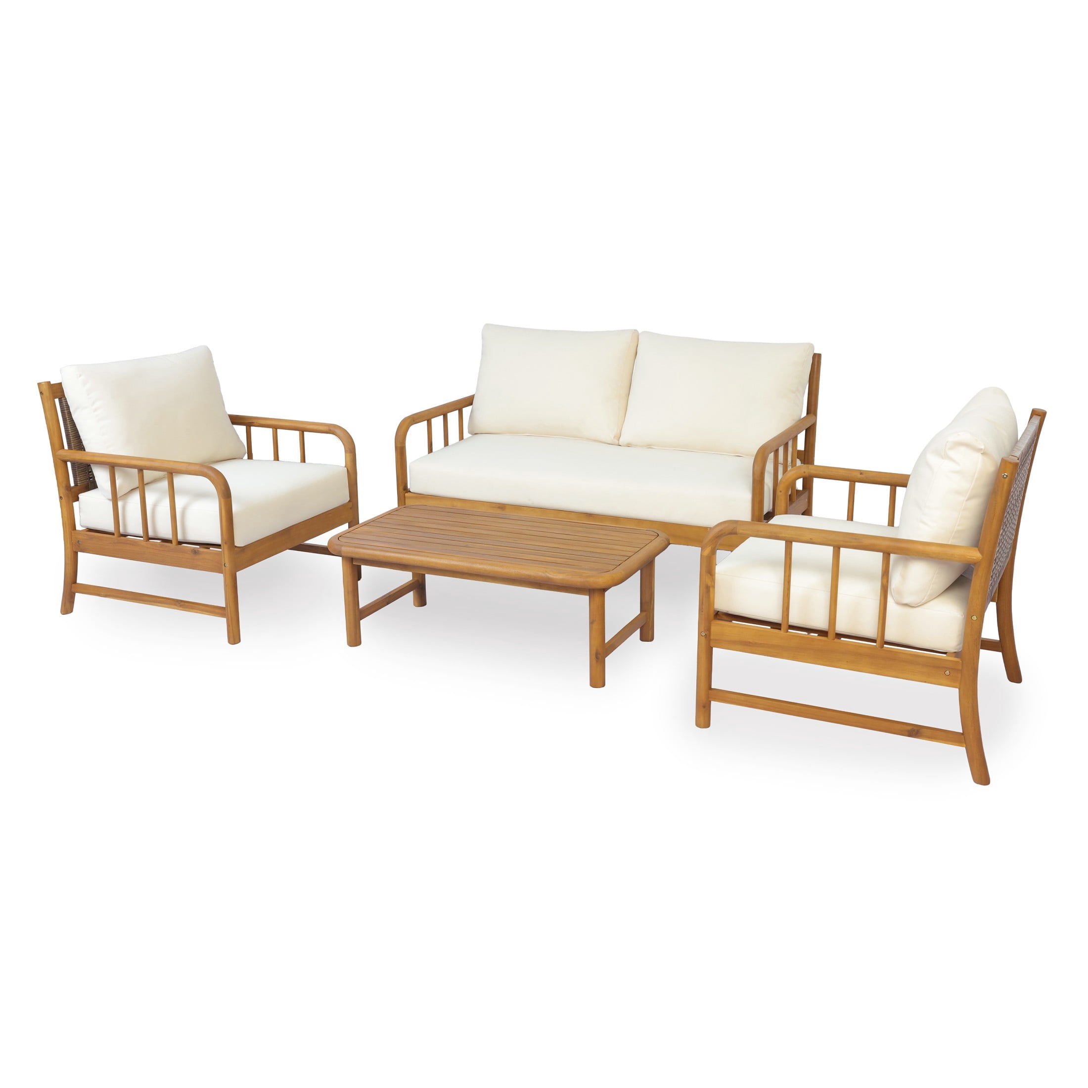Christopher Knight Home 4-Piece Patio Chat Set, Acacia Wood Seating and Coffee Table, Teak + Beige