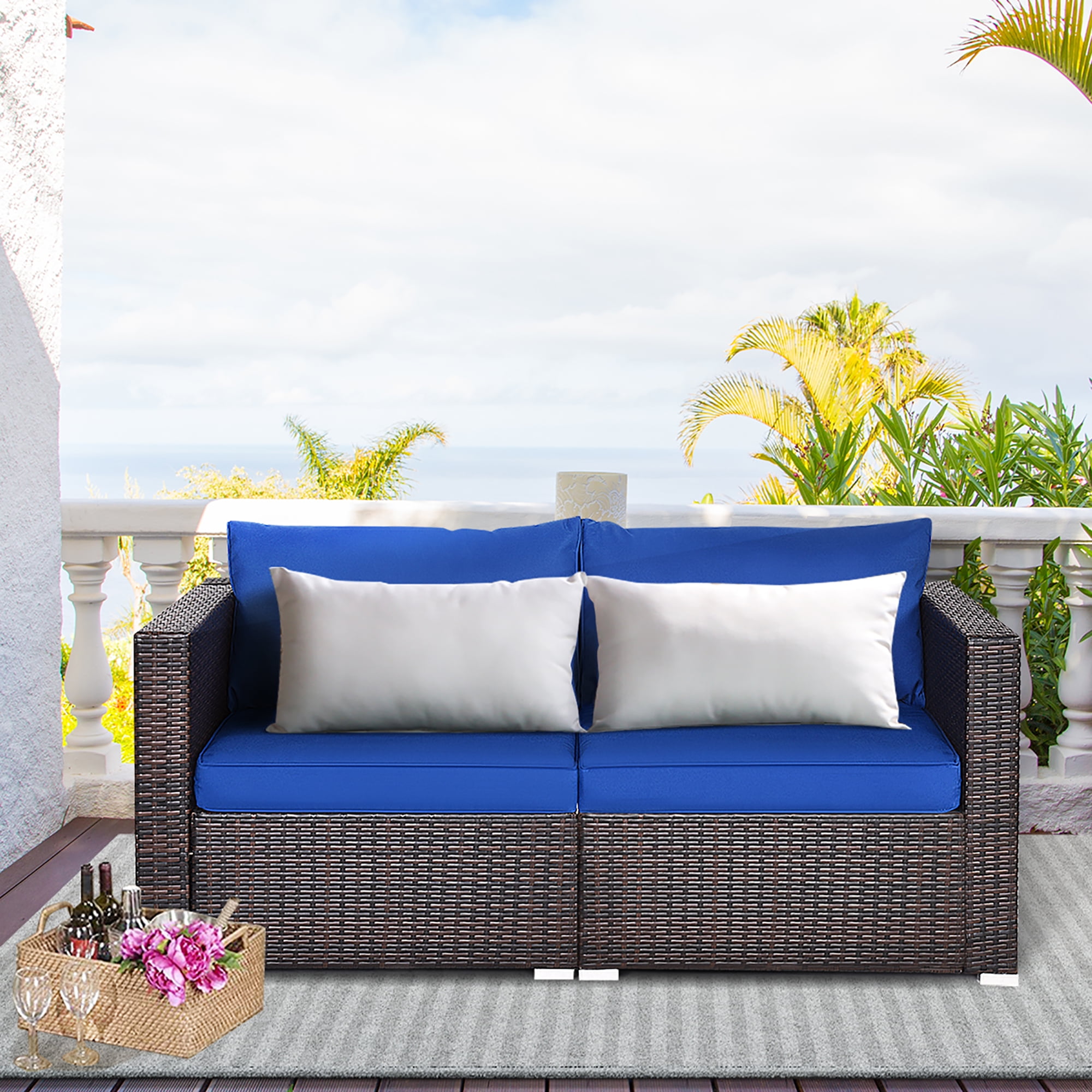 Costway 2PCS Patio Rattan Corner Sofa Sectional Furniture Navy