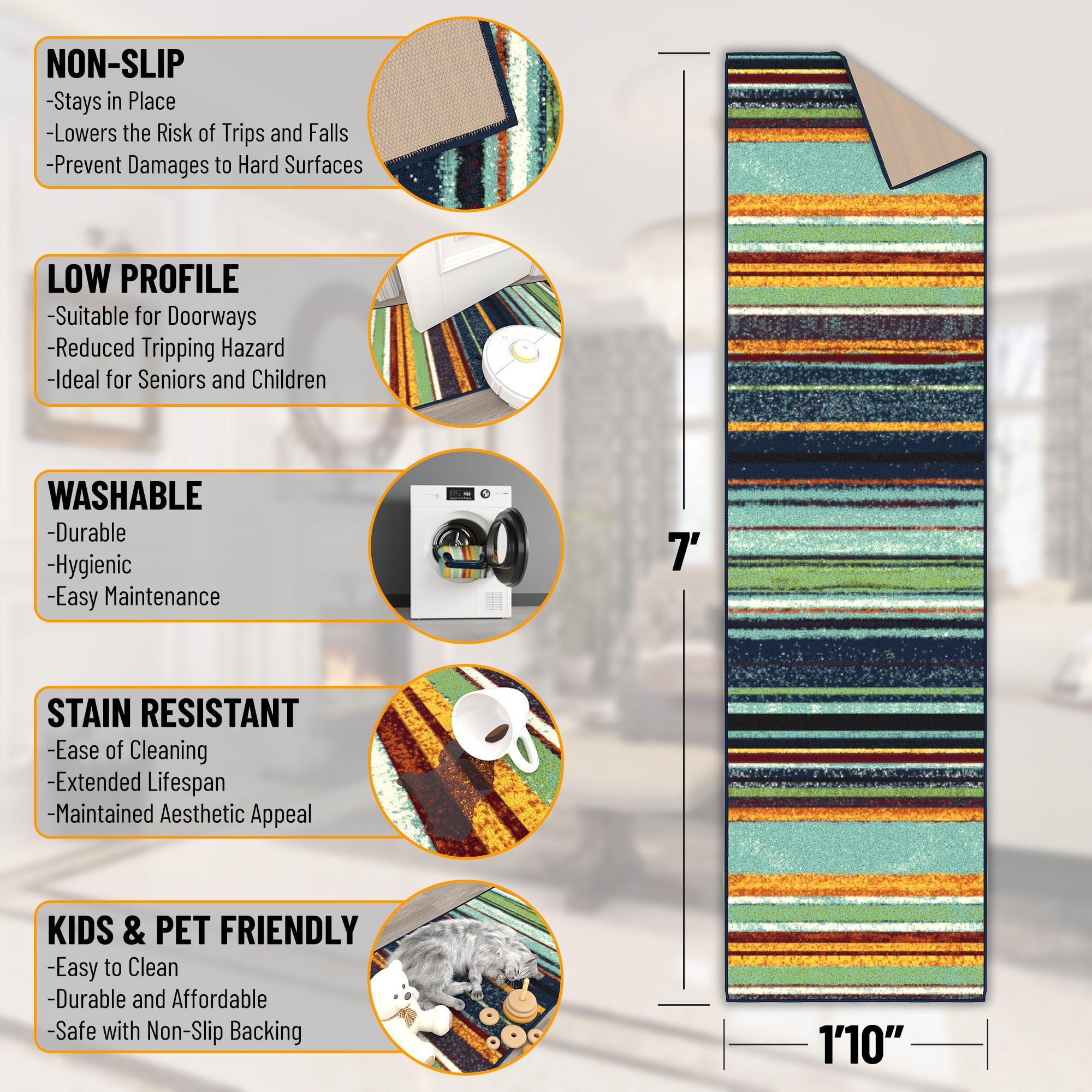 Ottomanson Striped Kitchen Runner Rug 1'10" x 7' - Non Slip Low Pile Carpet, Multicolor