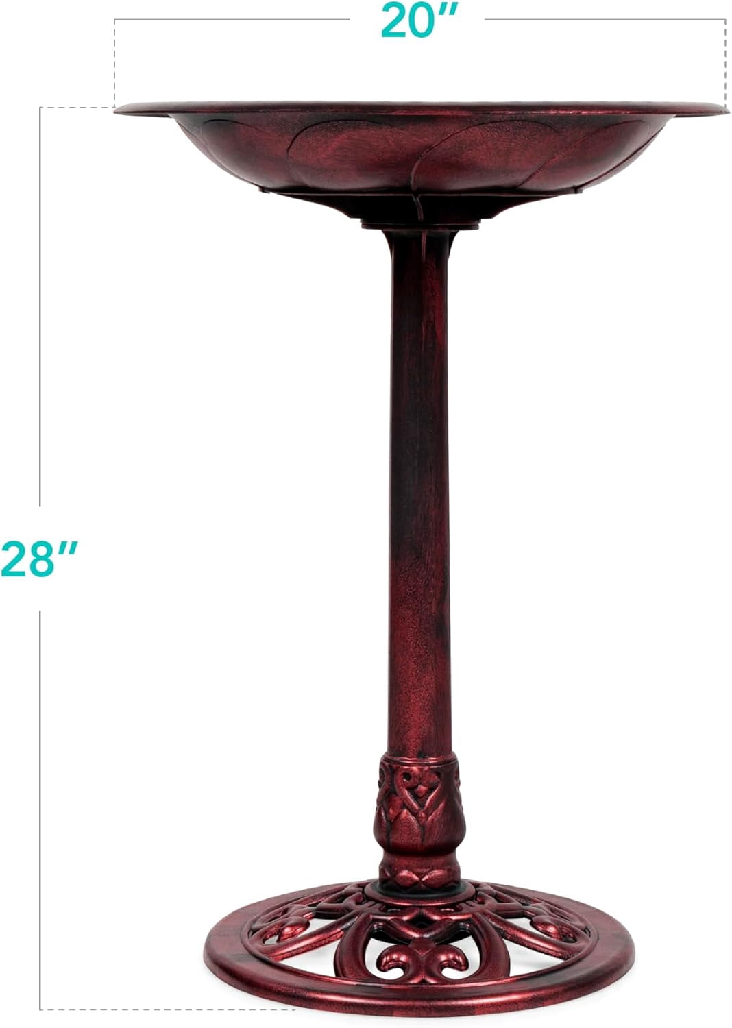 NIUMU  28in Pedestal Bird Bath, Vintage Outdoor Resin Accent Decoration w/Fleur-de-Lis Accents - Cherry Red
