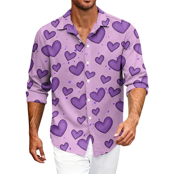 Fgvctg Valentine's Day Button Down Shirt for Men Long Sleeve Cotton Shirts Fashion Date Day Love Heart Print Collared Blouses Oversized Business Casual Tops Light Purple XL